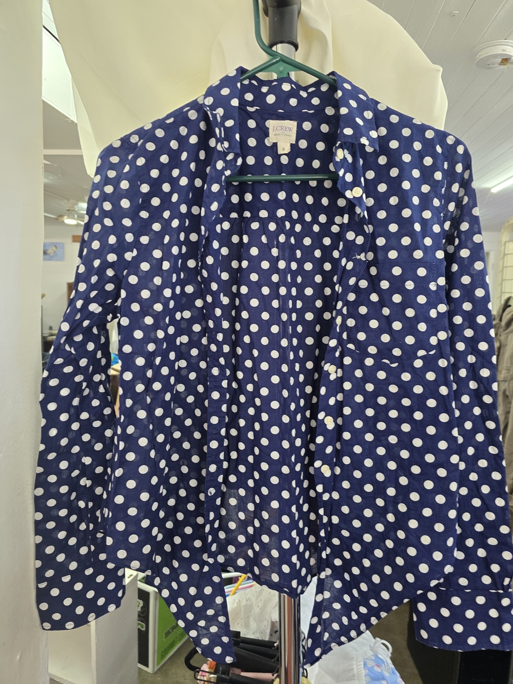 J. Crew Navy and White Polka Dot Button Blouse